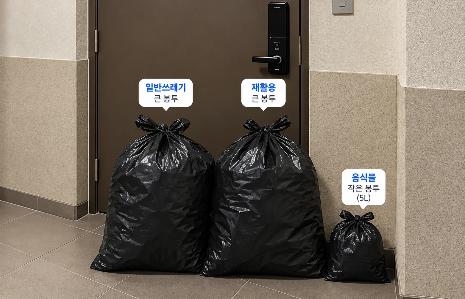 현관문 앞에 나란히 둔 일반쓰레기·재활용 큰 봉투와 음식물 작은 봉투