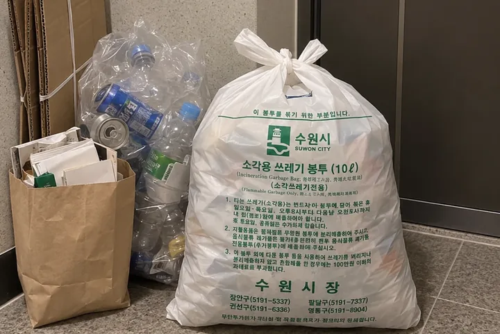 현관 앞에 준비한 종량제봉투와 재활용품